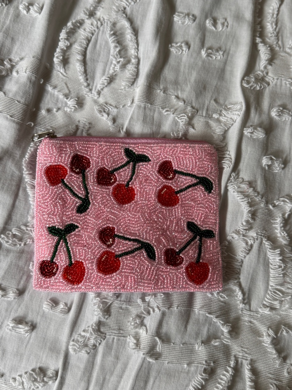 Beaded Cherry Zip Pouch - Pink